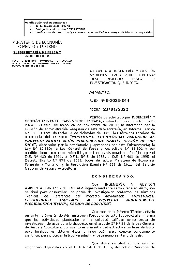 R. EX. Nº E-2022-044 MONITOREO LIMNOLÓGICO ASOCIADO AL PROYECTO MODIFICACIÓN PISCICULTURA TRAFÚN, REGIÓN DE LOS RÍOS. (Publicado en Página Web 20-01-2022)