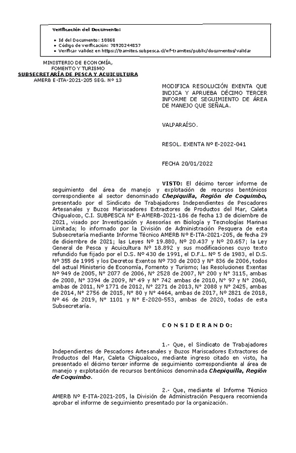 RESOL. EXENTA Nº E-2022-041 Modifica Resolución que Indica. Aprueba 13° Seguimiento. (Publicado en Página Web 20-01-2022)