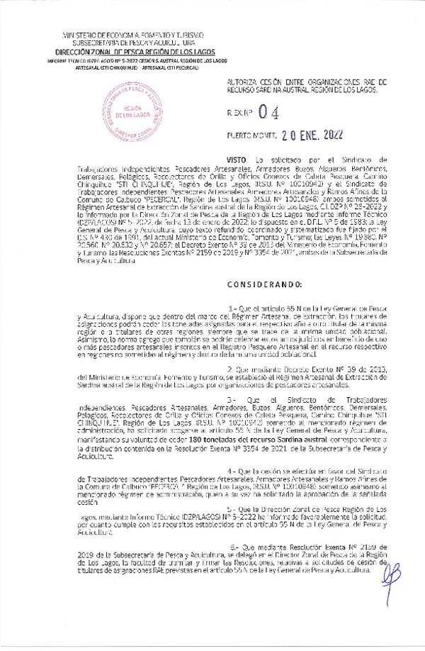 Res. Ex. 04-2022 (DZP Los Lagos) Autoriza cesión sardina austral Región de Los Lagos. (Publicado en Página Web 20-01-2022)
