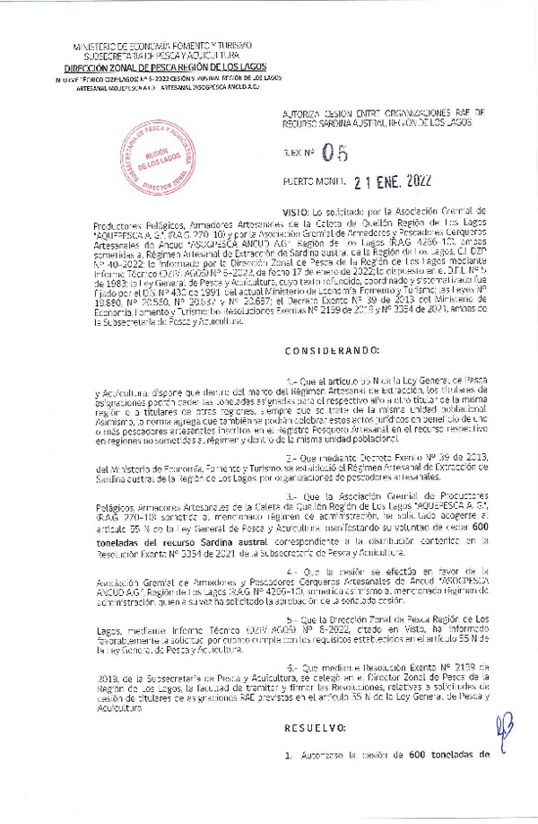 Res. Ex. 05-2022 (DZP Los Lagos) Autoriza cesión sardina austral Región de Los Lagos. (Publicado en Página Web 21-01-2022)