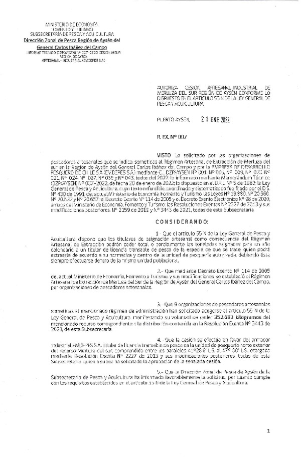 Res. Ex. N° 007-2022 (DZP Región de Aysén) Autoriza cesión Merluza del Sur. (Publicado en Página Web 21-01-2022)