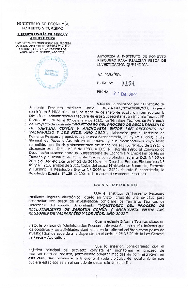 Res. Ex. N° 0154-2022 Monitoreo del Proceso de Reclutamiento de Sardina Común y Anchoveta, Regiones de Valparaíso a Los Ríos 2022. (Publicado en Página web 21-01-2022)