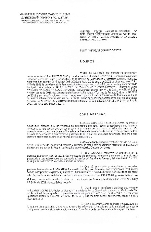 Res. Ex. N° 005-2022 (DZP Región de Magallanes) Autoriza cesión Merluza del Sur. (Publicado en Página Web 24-01-2022)