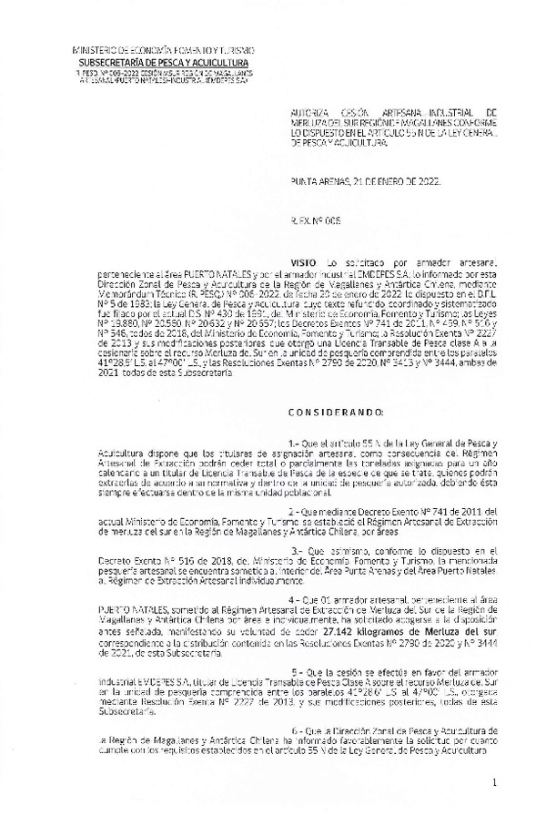 Res. Ex. N° 006-2022 (DZP Región de Magallanes) Autoriza cesión Merluza del Sur. (Publicado en Página Web 24-01-2022)
