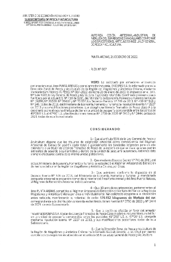 Res. Ex. N° 007-2022 (DZP Región de Magallanes) Autoriza cesión Merluza del Sur. (Publicado en Página Web 24-01-2022)