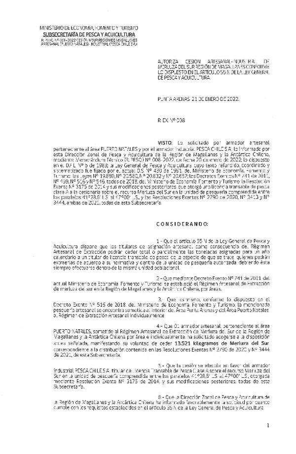 Res. Ex. N° 008-2022 (DZP Región de Magallanes) Autoriza cesión Merluza del Sur. (Publicado en Página Web 24-01-2022)