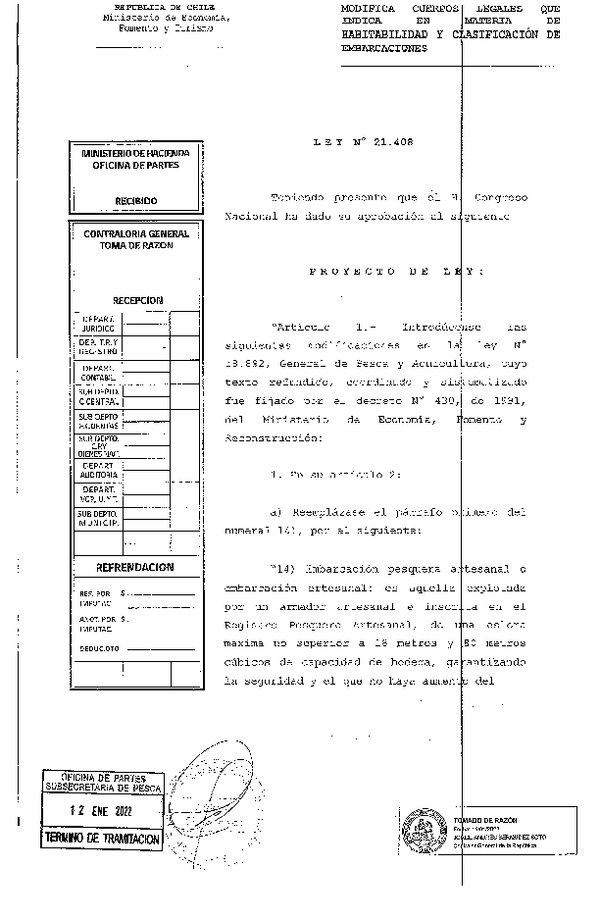 Ley N° 21.408 Modifica Cuerpos Legales que Indica en Materia de Habitabilidad y Clasificación de Embarcaciones.(F.D.O. 15-01-2022)