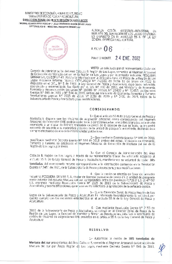 Res. Ex. N° 06-2022 (DZP Región de Los Lagos) Autoriza cesión Merluza del Sur (Publicado en Página Web 24-01-2022)