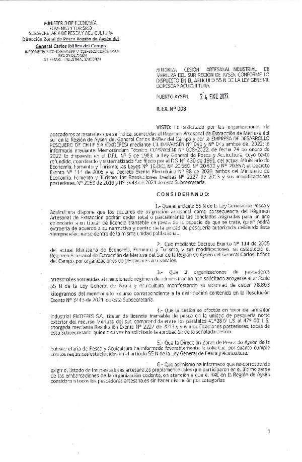 Res. Ex. N° 008-2022 (DZP Región de Aysén) Autoriza cesión Merluza del Sur. (Publicado en Página Web 25-01-2022)