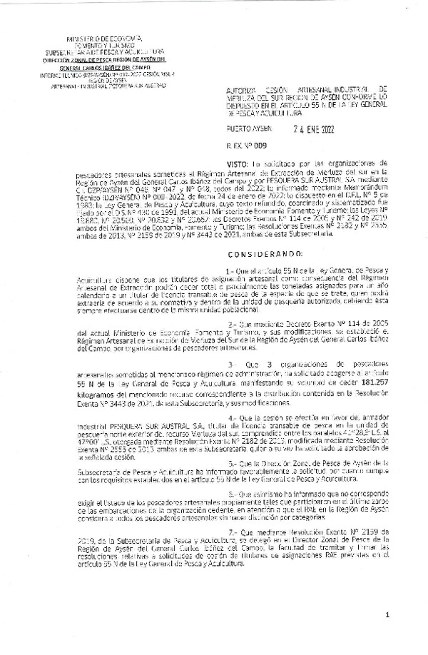 Res. Ex. N° 009-2022 (DZP Región de Aysén) Autoriza cesión Merluza del Sur. (Publicado en Página Web 25-01-2022)