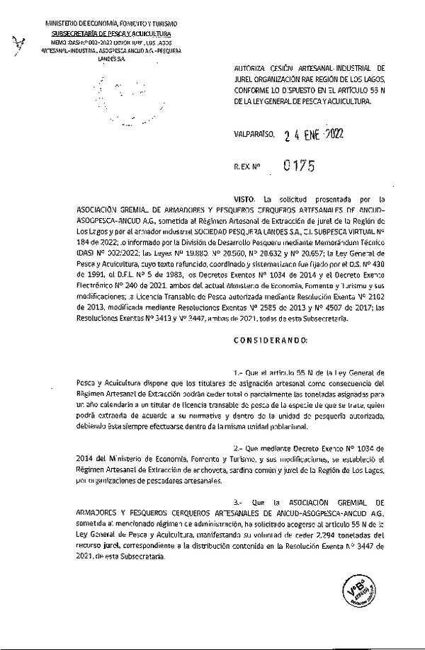 Res Ex N° 0175-2022, Autoriza Cesión de Jurel Región de Los Lagos. (Publicado en Página Web 25-01-2022).