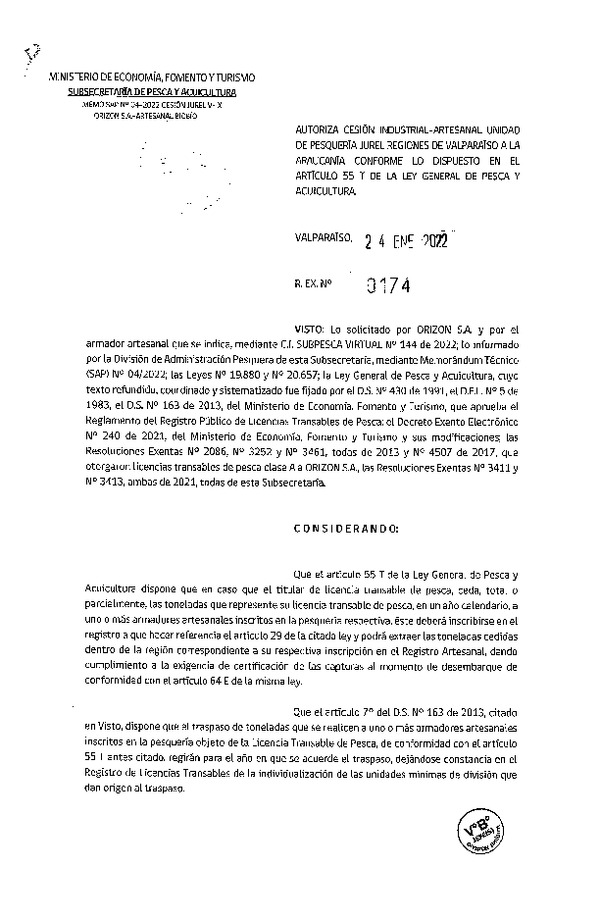 Res Ex N° 0174-2022, Autoriza Cesión de Jurel Regiones de Valparaíso a La Araucanía. (Publicado en Página Web 25-01-2022).