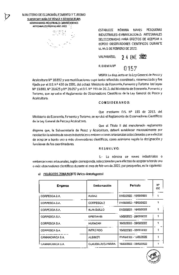 Res. Ex. Nº 0157-2022 Naves mes de febrero de 2022.