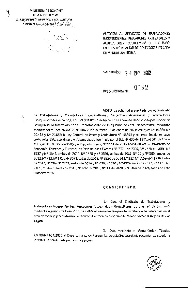Res. Ex. N° 0192-2022 Autoriza Instalación de colectores. (Publicado en Página Web 25-02-2022)