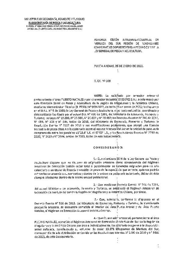 Res. Ex. N° 009-2022 (DZP Región de Magallanes) Autoriza cesión Merluza del Sur. (Publicado en Página Web 26-01-2022)