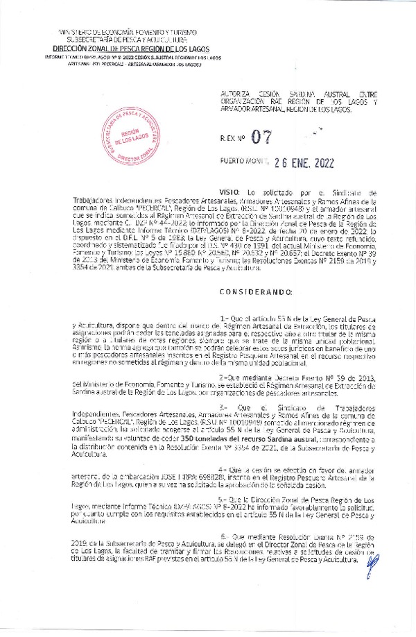 Res. Ex. 07-2022 (DZP Los Lagos) Autoriza cesión sardina austral Región de Los Lagos. (Publicado en Página Web 26-01-2022)