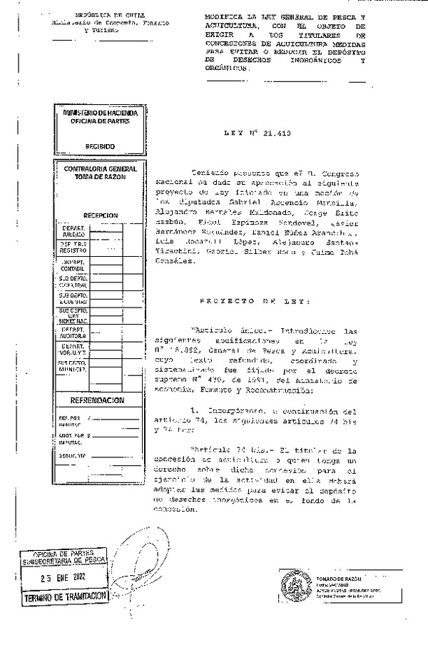 Ley N° 21.410 Modifica la Ley General de Pesca y Acuicultura, con el Objeto de Exigir a los Titulares de Concesiones de Acuicultura Medidas para Evitar o Reducir el Depósito de Desechos Inorgánicos y Orgánicos. (F.D.O. 27-01-2022)