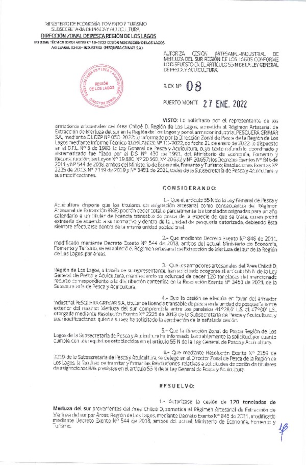 Res. Ex. N° 08-2022 (DZP Región de Los Lagos) Autoriza cesión Merluza del Sur (Publicado en Página Web 27-01-2022)