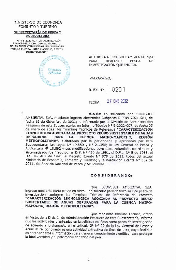 Res. Ex. N° 201-2022 CARACTERIZACIÓN LIMNOLÓGICA ASOCIADA AL PROYECTO REÚSO SUSTENTABLE DE AGUAS. (Publicado en Página Web 27-01-2022)