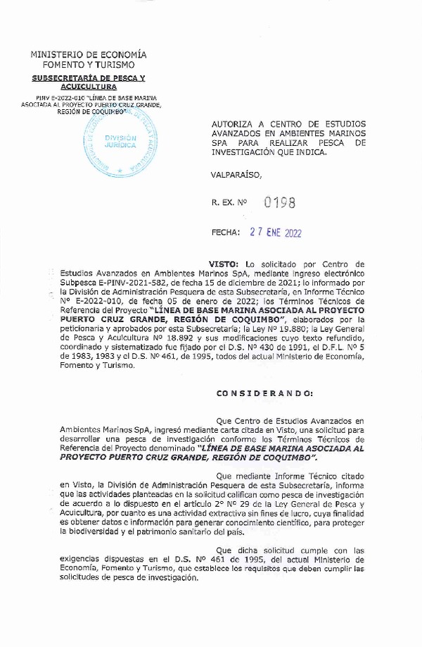 Res. Ex. N° 198-2022 CENTRO DE ESTUDIOS AVANZADOS EN AMBIENTES MARINOS SPA. (Publicado en Página Web 27-01-2022)