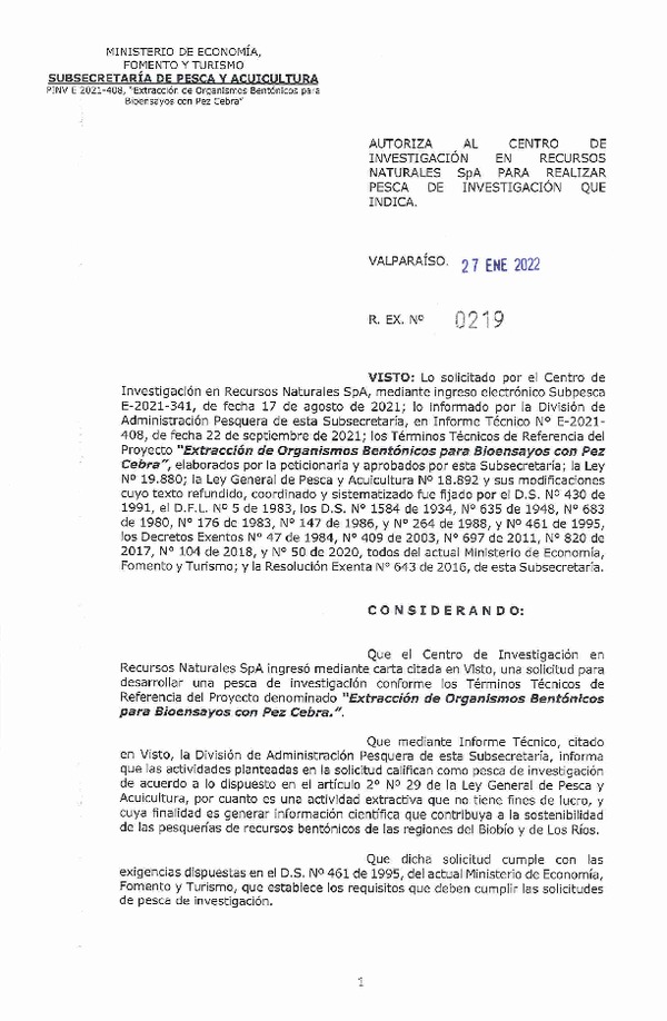 Res. Ex. N° 219-2022 CENTRO DE INVESTIGACIÓN EN RECURSOS NATURALES SpA. (Publicado en Página Web 27-01-2022)