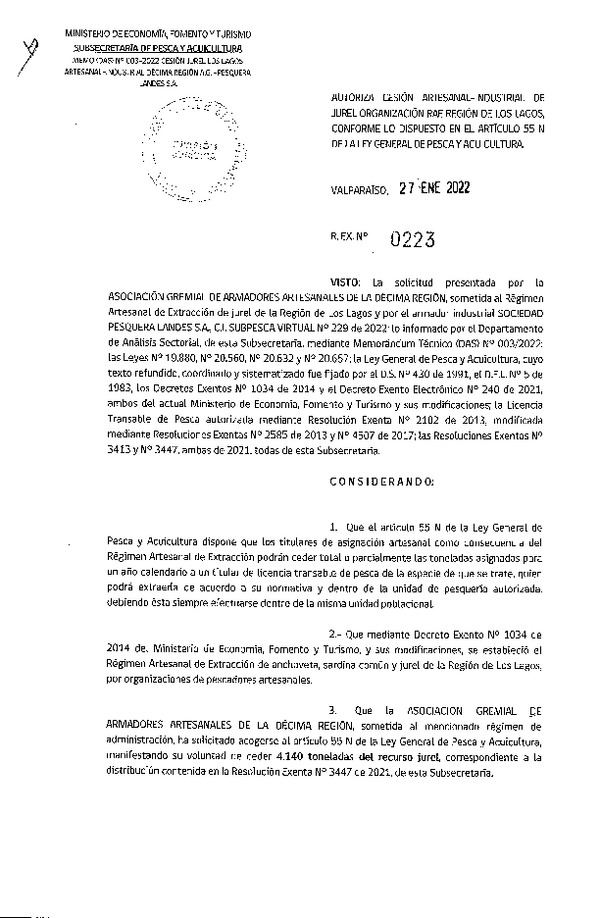 Res Ex N° 0223-2022, Autoriza Cesión de Jurel Región de Los Lagos. (Publicado en Página Web 27-01-2022).