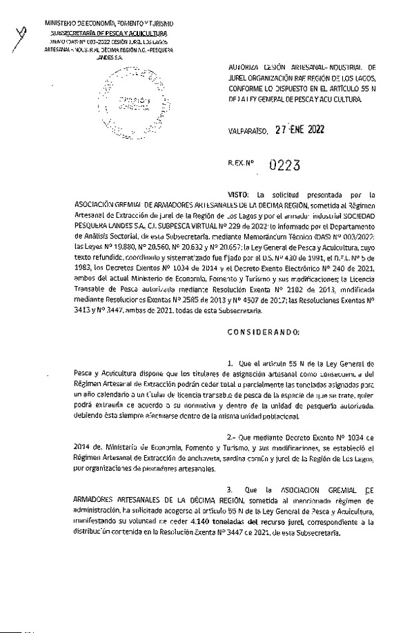 Res Ex N° 0223-2022, Autoriza Cesión de Jurel Región de Los Lagos. (Publicado en Página Web 27-01-2022).