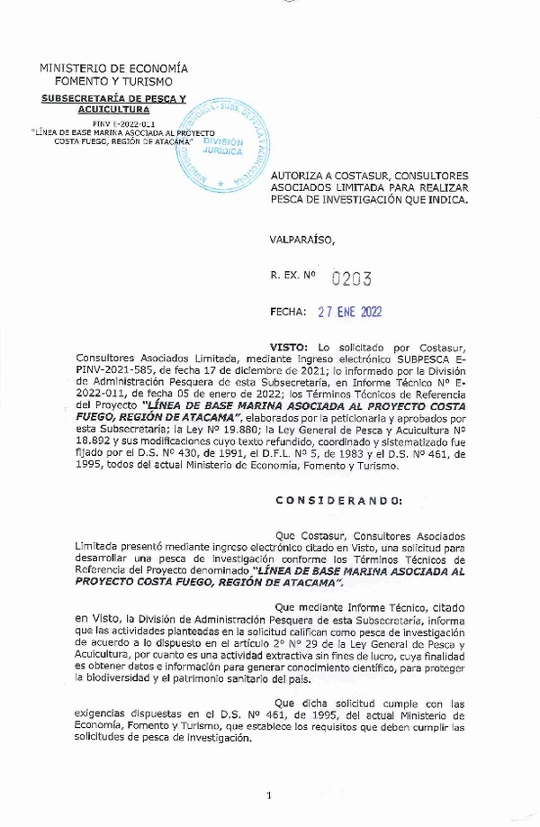 Res. Ex. N° 203-2022 COSTASUR CONSULTORES ASOCIADOS LIMITADA. (Publicado en Página Web 28-01-2022)