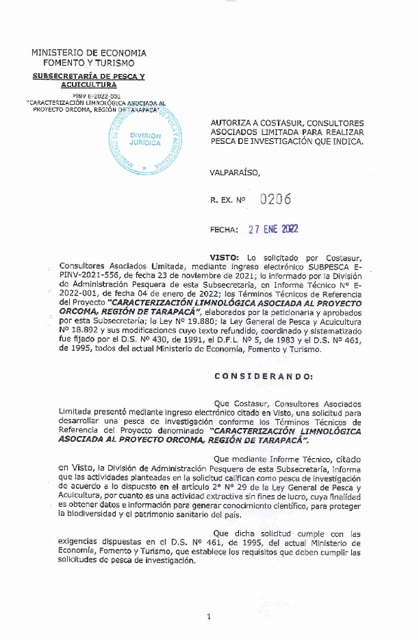 Res. Ex. N° 206-2022 COSTASUR CONSULTORES ASOCIADOS LIMITADA. (Publicado en Página Web 28-01-2022)