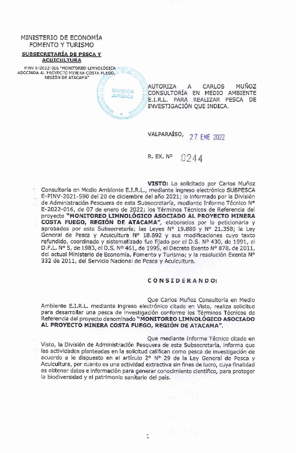 Res. Ex. N° 244-2022 CARLOS MUÑOZ CONSULTORÍA EN MEDIO AMBIENTE E.I.R.L. (Publicado en Página Web 28-01-2022)