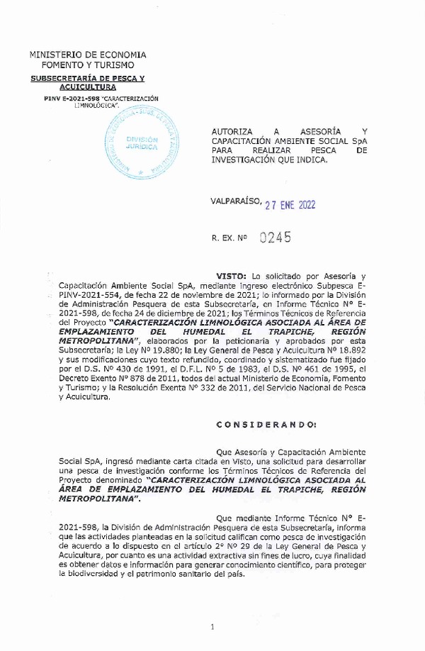 Res. Ex. N° 245-2022 ASESORÍA Y CAPACITACIÓN AMBIENTE SOCIAL SpA. (Publicado en Página Web 28-01-2022)