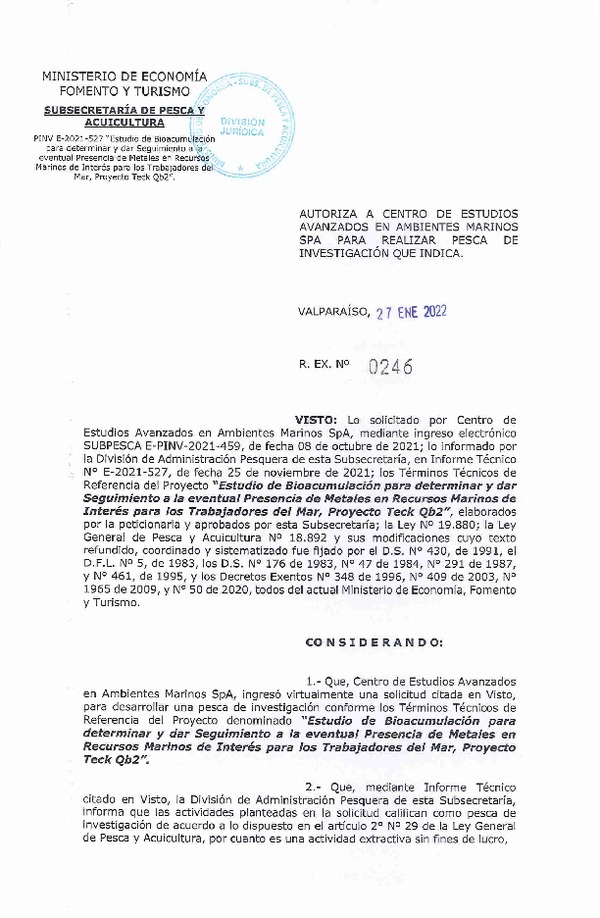 Res. Ex. N° 246-2022 CENTRO DE ESTUDIOS AVANZADOS EN AMBIENTES MARINOS SPA. (Publicado en Página Web 28-01-2022)