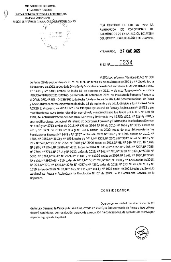 Res. Ex. N° 0234-2022 Fija densidad de cultivo para las agrupación de concesiones de salmónidos 29 en la Región de Aysén. (Publicado en Página Web 28-01-2022)
