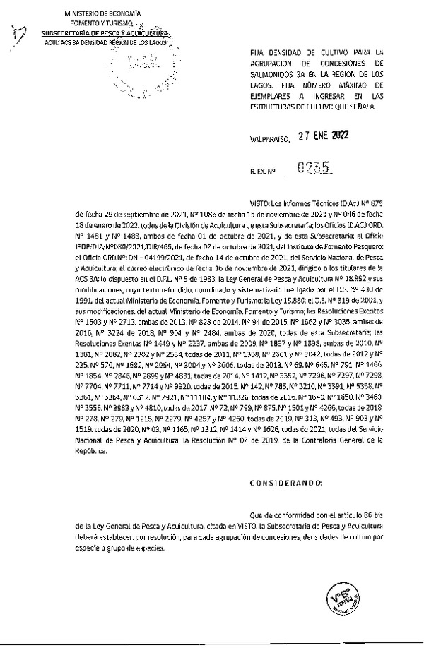 Res. Ex. N° 0235-2022 Fija densidad de cultivo para las agrupación de concesiones de salmónidos 3A en la Región de Los Lagos. (Publicado en Página Web 28-01-2022)