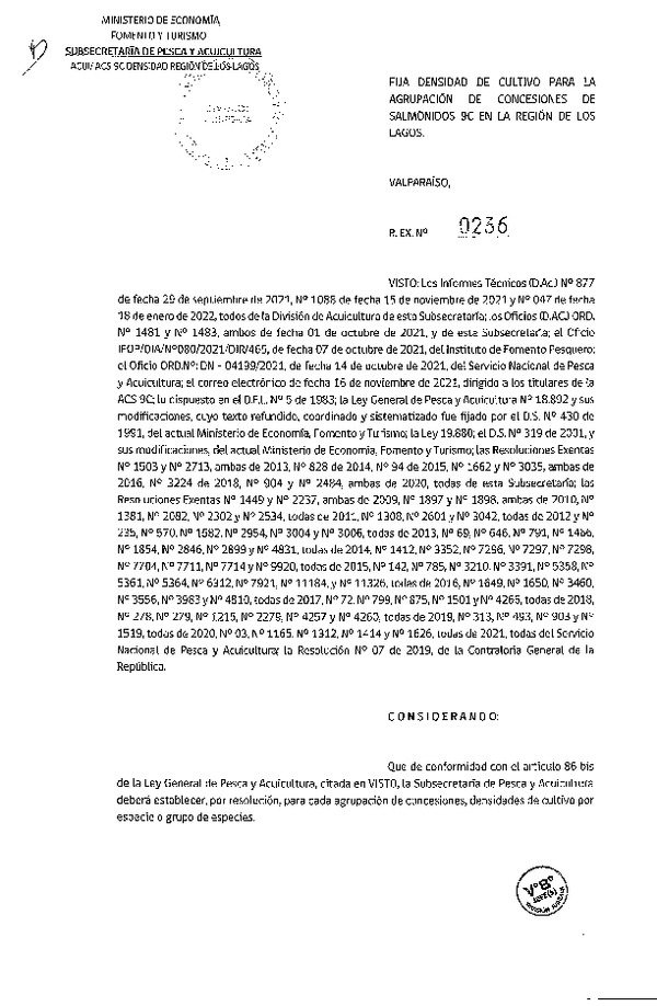Res. Ex. N° 0236-2022 Fija densidad de cultivo para las agrupación de concesiones de salmónidos 9C en la Región de Los Lagos. (Publicado en Página Web 28-01-2022)