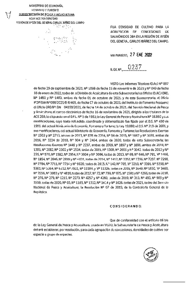 Res. Ex. N° 0237-2022 Fija densidad de cultivo para las agrupación de concesiones de salmónidos 28A en la Región de Aysén. (Publicado en Página Web 28-01-2022)