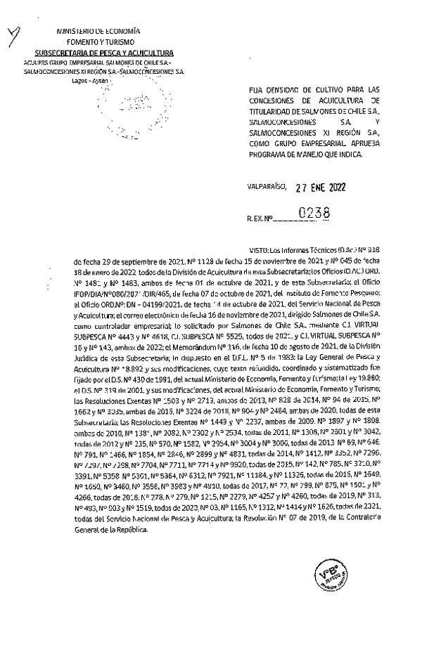 Res. Ex. N° 0238-2022 Fija densidad de cultivo para las concesiones de titularidad de Salmones de Chile S.A., Salmoconcencesiones S.A. y Salmoconcesiones XI Región S.A.(Publicado en Página Web 28-01-2022)