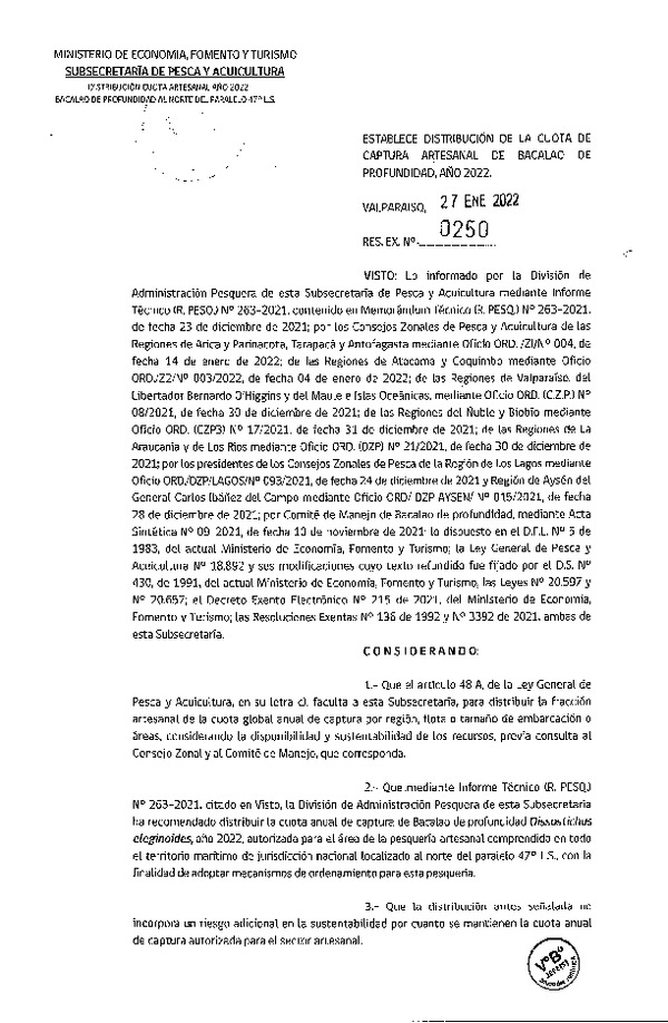 Res. Ex. N° 0250-2022 Establece Distribución de la Cuota de Captura Artesanal de Bacalao de Profundidad, Año 2022-. (Publicado en Página Web 28-01-2022)