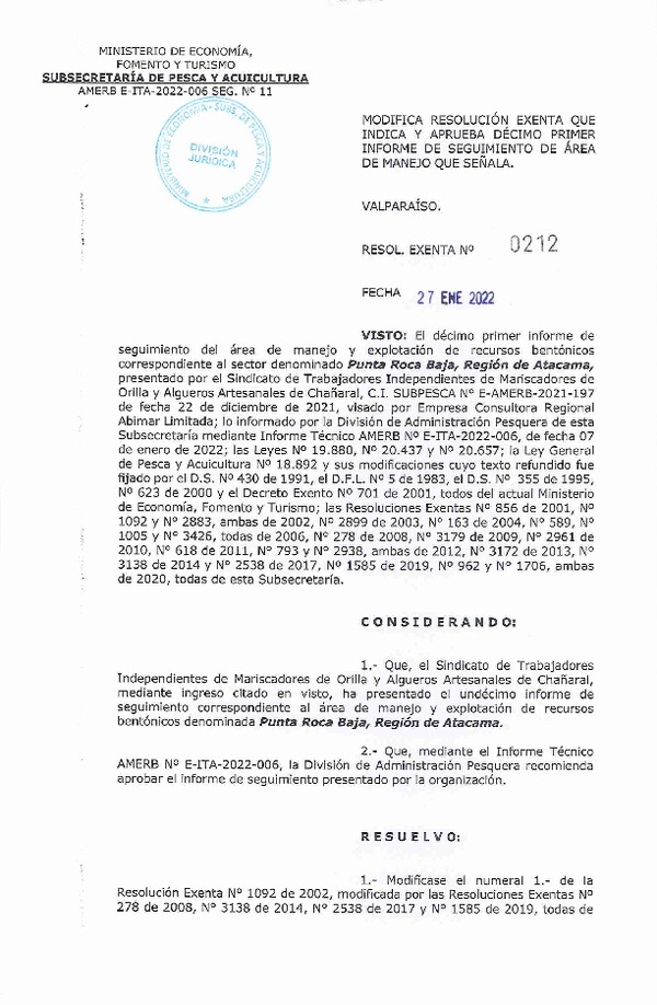 Res. Ex. N° 0212-2022 Modifica resolución que indica, Aprueba 11° seguimiento. (Publicado en Página Web 28-01-2022)