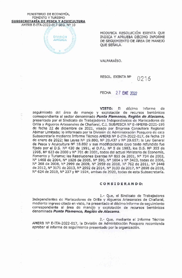 Res. Ex. N° 0216-2022 Modifica resolución que indica, Aprueba 10° seguimiento. (Publicado en Página Web 28-01-2022)