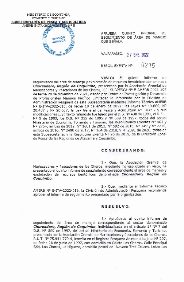 Res. Ex. N° 0215-2022 Aprueba 5° seguimiento. (Publicado en Página Web 28-01-2022)