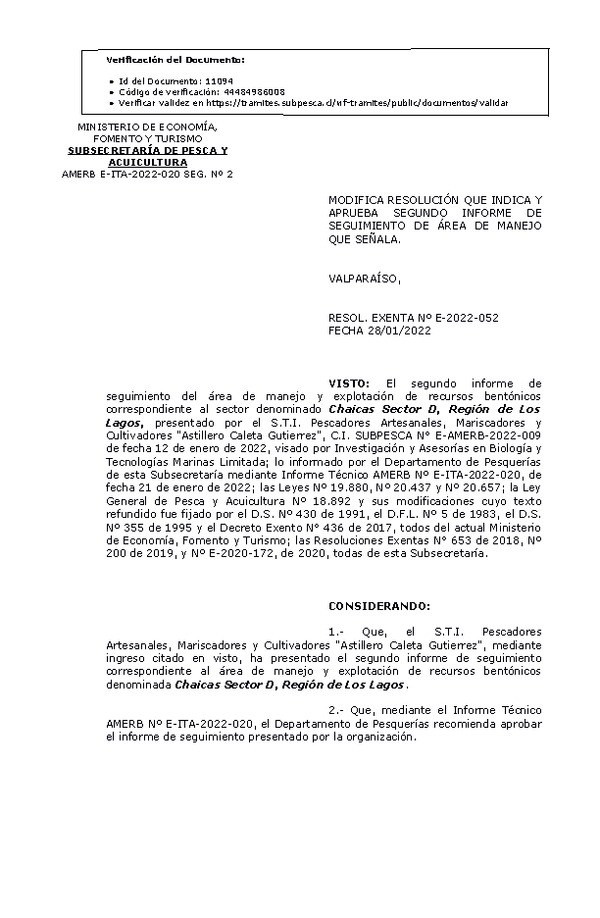 RESOL. EXENTA Nº E-2022-052 Modifica resolución que indica, Aprueba 2° seguimiento. (Publicado en Página Web 28-01-2022)