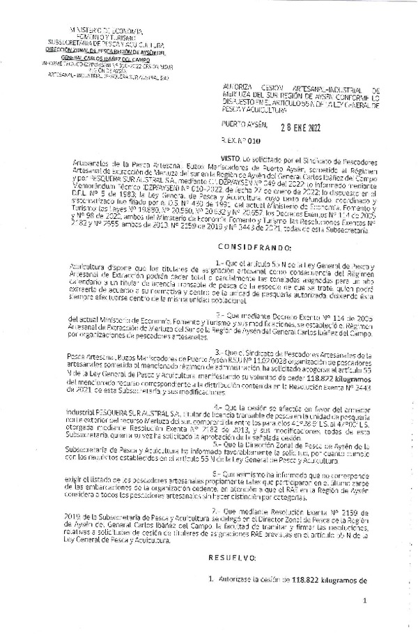 Res. Ex. N° 010-2022 (DZP Región de Aysén) Autoriza cesión Merluza del Sur. (Publicado en Página Web 28-01-2022)