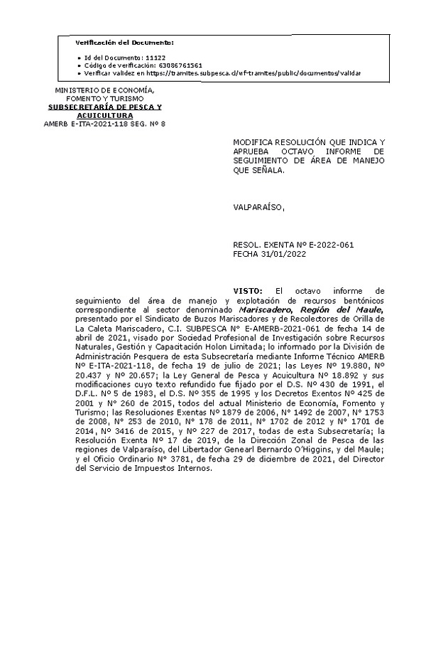 RESOL. EXENTA Nº E-2022-061 Modifica resolución que indica, Aprueba 8° Seguimiento. (Publicado en Página Web 31-01-2022)