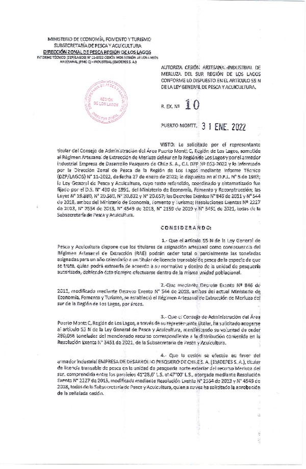 Res. Ex. N° 10-2022 (DZP Región de Los Lagos) Autoriza cesión Merluza del Sur (Publicado en Página Web 01-02-2022)
