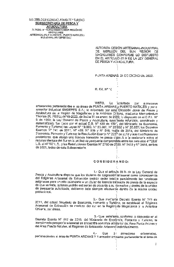 Res. Ex. N° 010-2022 (DZP Región de Magallanes) Autoriza cesión Merluza del Sur. (Publicado en Página Web 01-02-2022)