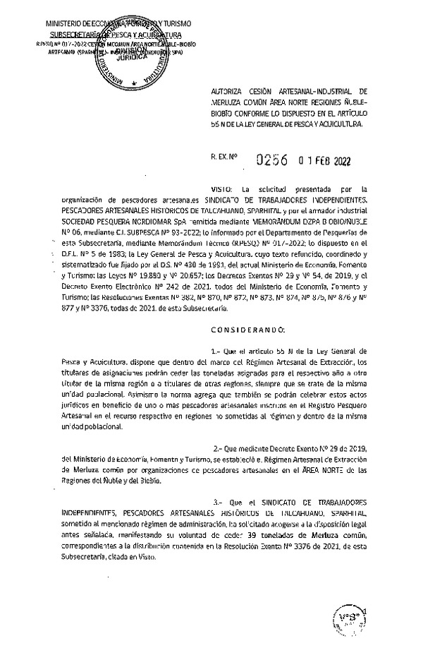 Res Ex N° 0256-2022, Autoriza Cesión de Merluza Común Área Norte Regiones Ñuble-Biobío. (Publicado en Página Web 03-02-2022)