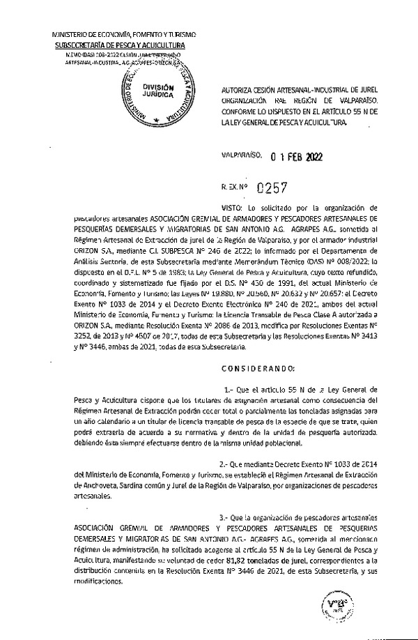 Res Ex N° 0257-2022, Autoriza Cesión de Jurel Organización RAE Región de Valparaíso. (Publicado en Página Web 03-02-2022)