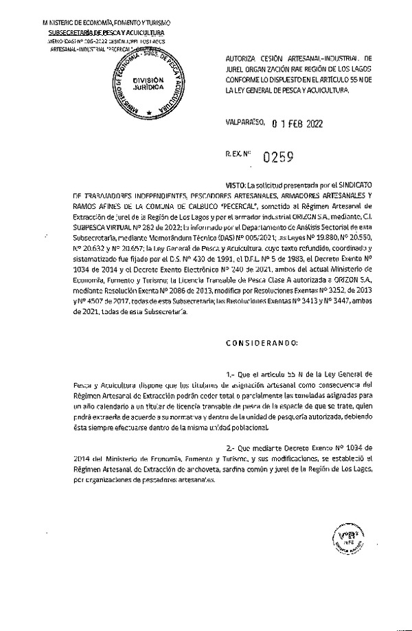 Res Ex N° 0259-2022, Autoriza Cesión de Jurel Organización RAE Región de Los Lagos. (Publicado en Página Web 03-02-2022)