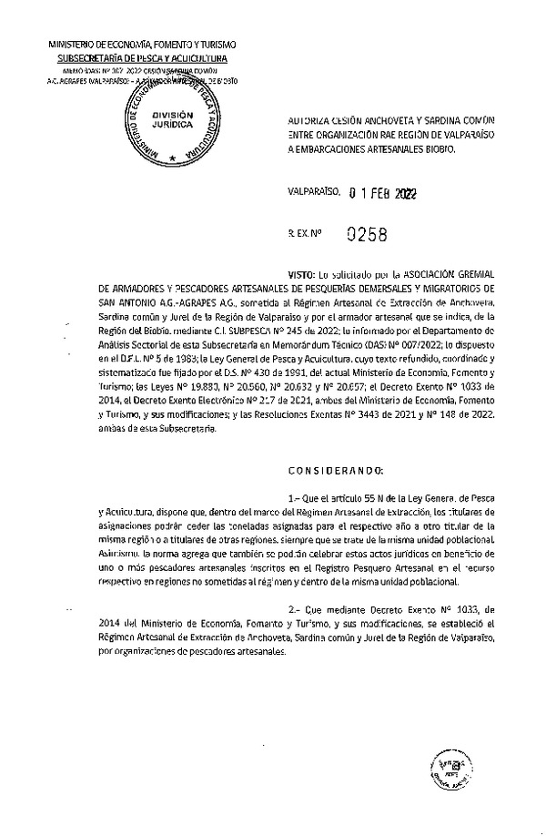 Res Ex N° 0258-2022, Autoriza Cesión de Anchoveta y Sardina Común, Región de Valparaíso a Región del Biobío. (Publicado en Página Web 03-02-2022)